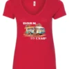 red funny camping v-neck t-shirt featuring a camper in the beach with a kayak outside with a quote saying born to camp