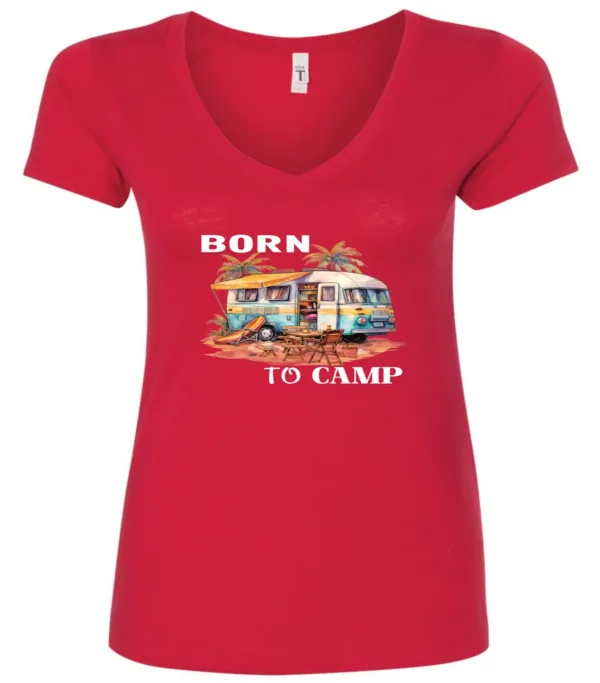 red funny camping v-neck t-shirt featuring a camper in the beach with a kayak outside with a quote saying born to camp