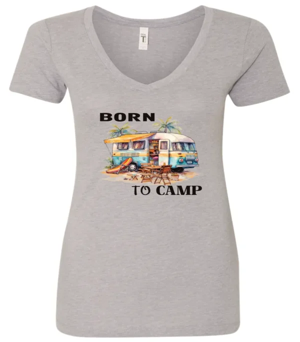 silver funny camping v-neck t-shirt featuring a camper in the beach with a kayak outside with a quote saying born to camp