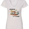 white funny camping v-neck t-shirt featuring a camper in the beach with a kayak outside with a quote saying born to camp
