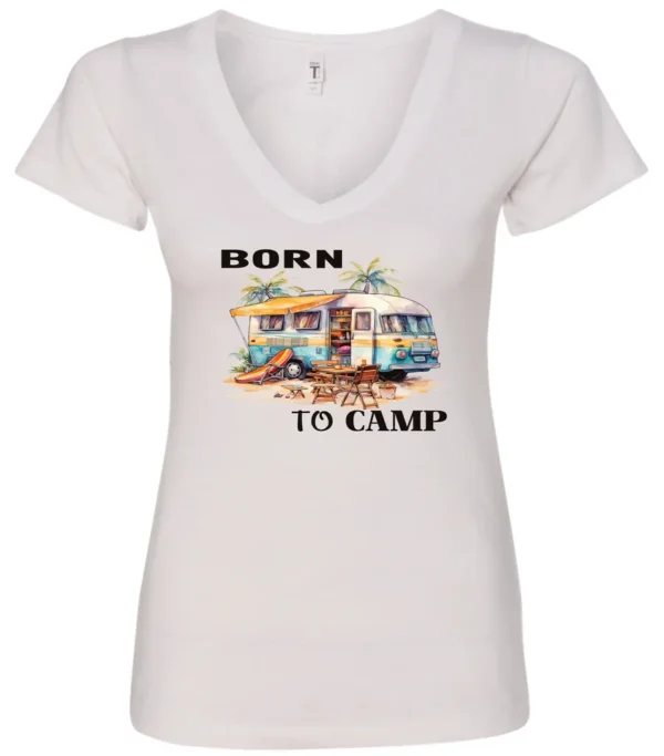 white funny camping v-neck t-shirt featuring a camper in the beach with a kayak outside with a quote saying born to camp