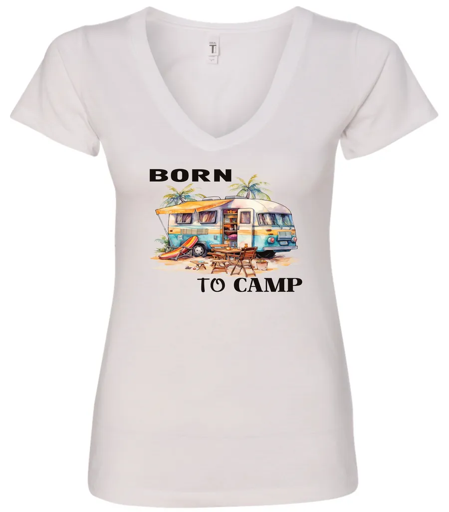 white funny camping v-neck t-shirt featuring a camper in the beach with a kayak outside with a quote saying born to camp