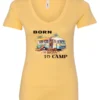 yellow funny camping v-neck t-shirt featuring a camper in the beach with a kayak outside with a quote saying born to camp