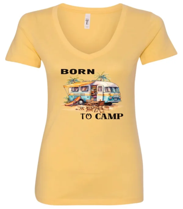 yellow funny camping v-neck t-shirt featuring a camper in the beach with a kayak outside with a quote saying born to camp