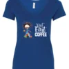 blue coffee addict v-neck t-shirt featuring a disheveled young woman with surprised face in pajamas and a cup of coffee, it says but first coffee