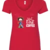 red coffee addict v-neck t-shirt featuring a disheveled young woman with surprised face in pajamas and a cup of coffee, it says but first coffee