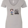 silver coffee addict v-neck t-shirt featuring a disheveled young woman with surprised face in pajamas and a cup of coffee, it says but first coffee