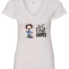 white coffee addict v-neck t-shirt featuring a disheveled young woman with surprised face in pajamas and a cup of coffee, it says but first coffee