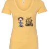 yellow coffee addict v-neck t-shirt featuring a disheveled young woman with surprised face in pajamas and a cup of coffee, it says but first coffee