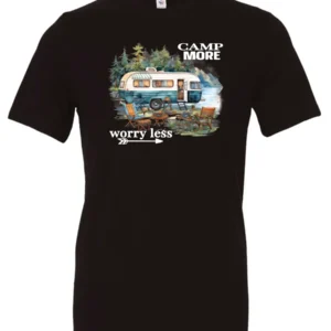 black camper t-shirt featuring a camper in the lake with the woods and the mountain as background with a quote saying camp more, worry less