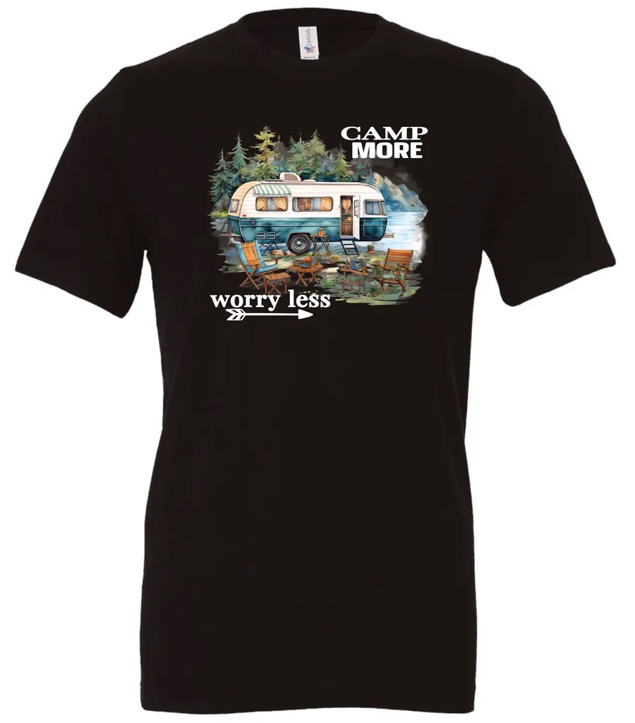 black camper t-shirt featuring a camper in the lake with the woods and the mountain as background with a quote saying camp more, worry less