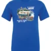 blue camper t-shirt featuring a camper in the lake with the woods and the mountain as background with a quote saying camp more, worry less