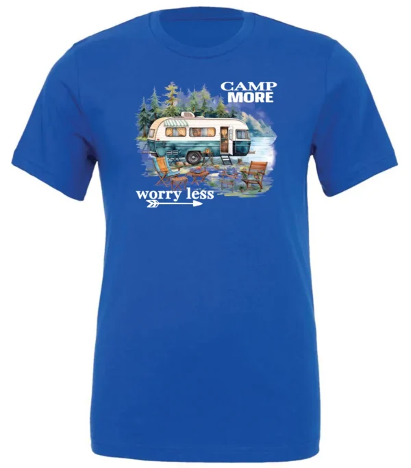 blue camper t-shirt featuring a camper in the lake with the woods and the mountain as background with a quote saying camp more, worry less