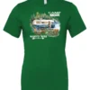 green camper t-shirt featuring a camper in the lake with the woods and the mountain as background with a quote saying camp more, worry less