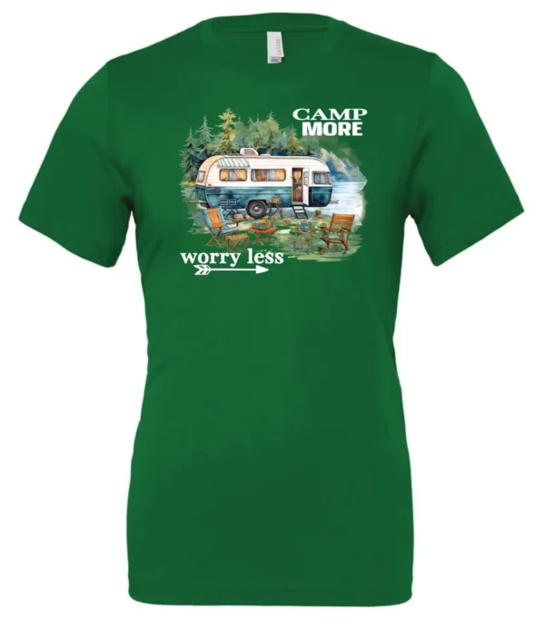 green camper t-shirt featuring a camper in the lake with the woods and the mountain as background with a quote saying camp more, worry less