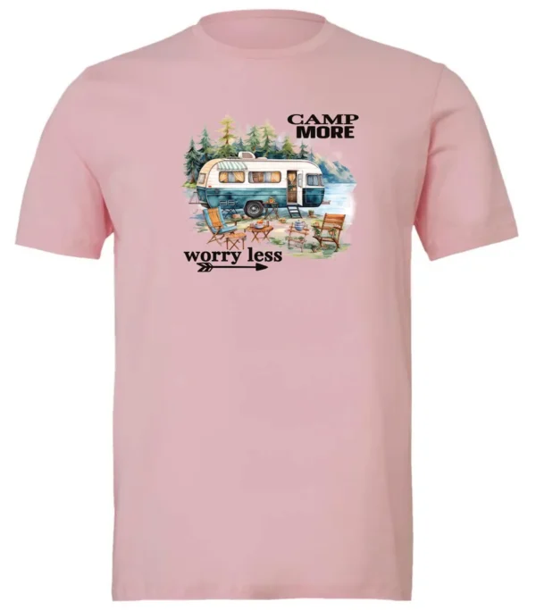 pink camper t-shirt featuring a camper in the lake with the woods and the mountain as background with a quote saying camp more, worry less