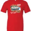 red camper t-shirt featuring a camper in the lake with the woods and the mountain as background with a quote saying camp more, worry less