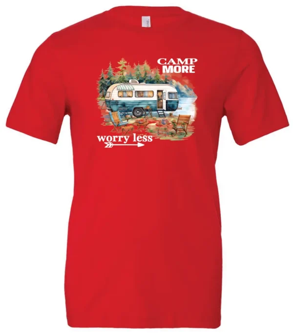 red camper t-shirt featuring a camper in the lake with the woods and the mountain as background with a quote saying camp more, worry less