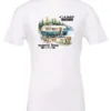 white camper t-shirt featuring a camper in the lake with the woods and the mountain as background with a quote saying camp more, worry less