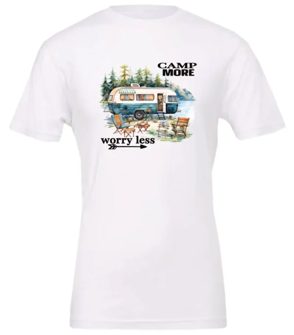 white camper t-shirt featuring a camper in the lake with the woods and the mountain as background with a quote saying camp more, worry less