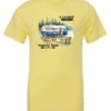 yellow camper t-shirt featuring a camper in the lake with the woods and the mountain as background with a quote saying camp more, worry less