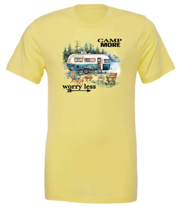 yellow camper t-shirt featuring a camper in the lake with the woods and the mountain as background with a quote saying camp more, worry less