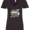 black camper v-neck t-shirt featuring a camper in the lake with the woods and the mountain as background with a quote saying camp more, worry less