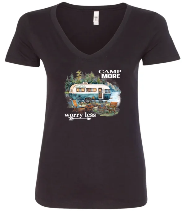 black camper v-neck t-shirt featuring a camper in the lake with the woods and the mountain as background with a quote saying camp more, worry less