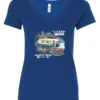 blue camper v-neck t-shirt featuring a camper in the lake with the woods and the mountain as background with a quote saying camp more, worry less