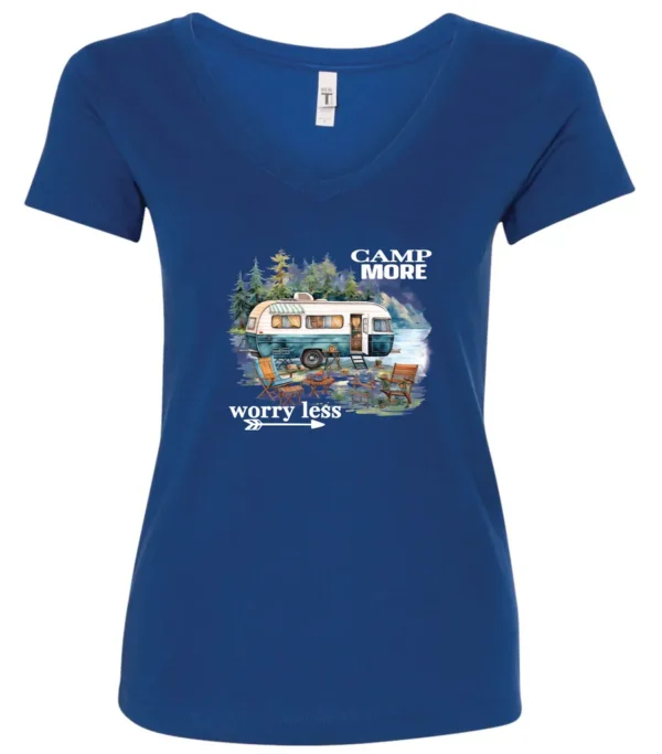 blue camper v-neck t-shirt featuring a camper in the lake with the woods and the mountain as background with a quote saying camp more, worry less