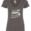 gray camper v-neck t-shirt featuring a camper in the lake with the woods and the mountain as background with a quote saying camp more, worry less