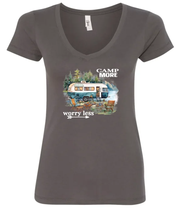 gray camper v-neck t-shirt featuring a camper in the lake with the woods and the mountain as background with a quote saying camp more, worry less