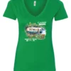 green camper v-neck t-shirt featuring a camper in the lake with the woods and the mountain as background with a quote saying camp more, worry less