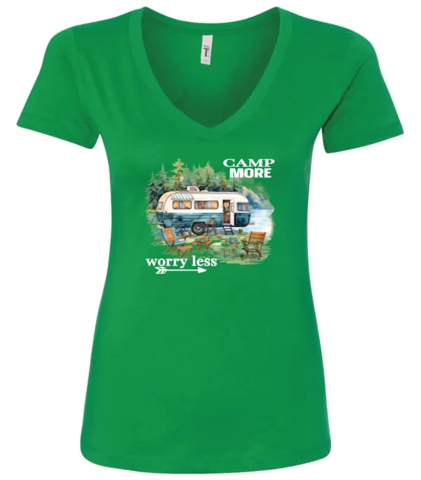 green camper v-neck t-shirt featuring a camper in the lake with the woods and the mountain as background with a quote saying camp more, worry less