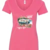 pink camper v-neck t-shirt featuring a camper in the lake with the woods and the mountain as background with a quote saying camp more, worry less