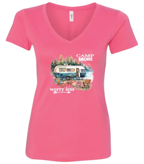 pink camper v-neck t-shirt featuring a camper in the lake with the woods and the mountain as background with a quote saying camp more, worry less