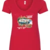 red camper v-neck t-shirt featuring a camper in the lake with the woods and the mountain as background with a quote saying camp more, worry less
