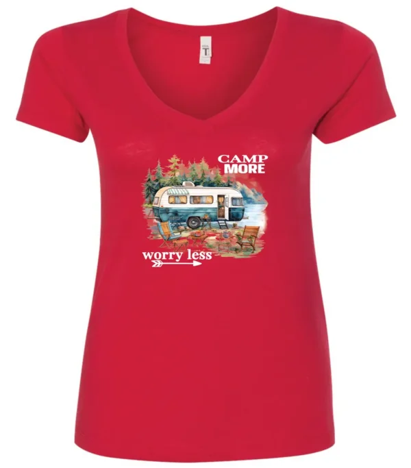 red camper v-neck t-shirt featuring a camper in the lake with the woods and the mountain as background with a quote saying camp more, worry less