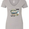 silver camper v-neck t-shirt featuring a camper in the lake with the woods and the mountain as background with a quote saying camp more, worry less