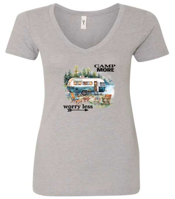 silver camper v-neck t-shirt featuring a camper in the lake with the woods and the mountain as background with a quote saying camp more, worry less