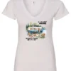 white camper v-neck t-shirt featuring a camper in the lake with the woods and the mountain as background with a quote saying camp more, worry less