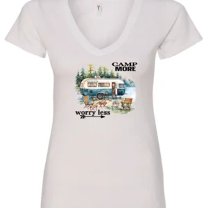 white camper v-neck t-shirt featuring a camper in the lake with the woods and the mountain as background with a quote saying camp more, worry less