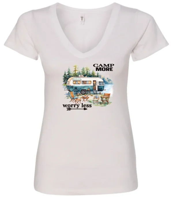 white camper v-neck t-shirt featuring a camper in the lake with the woods and the mountain as background with a quote saying camp more, worry less