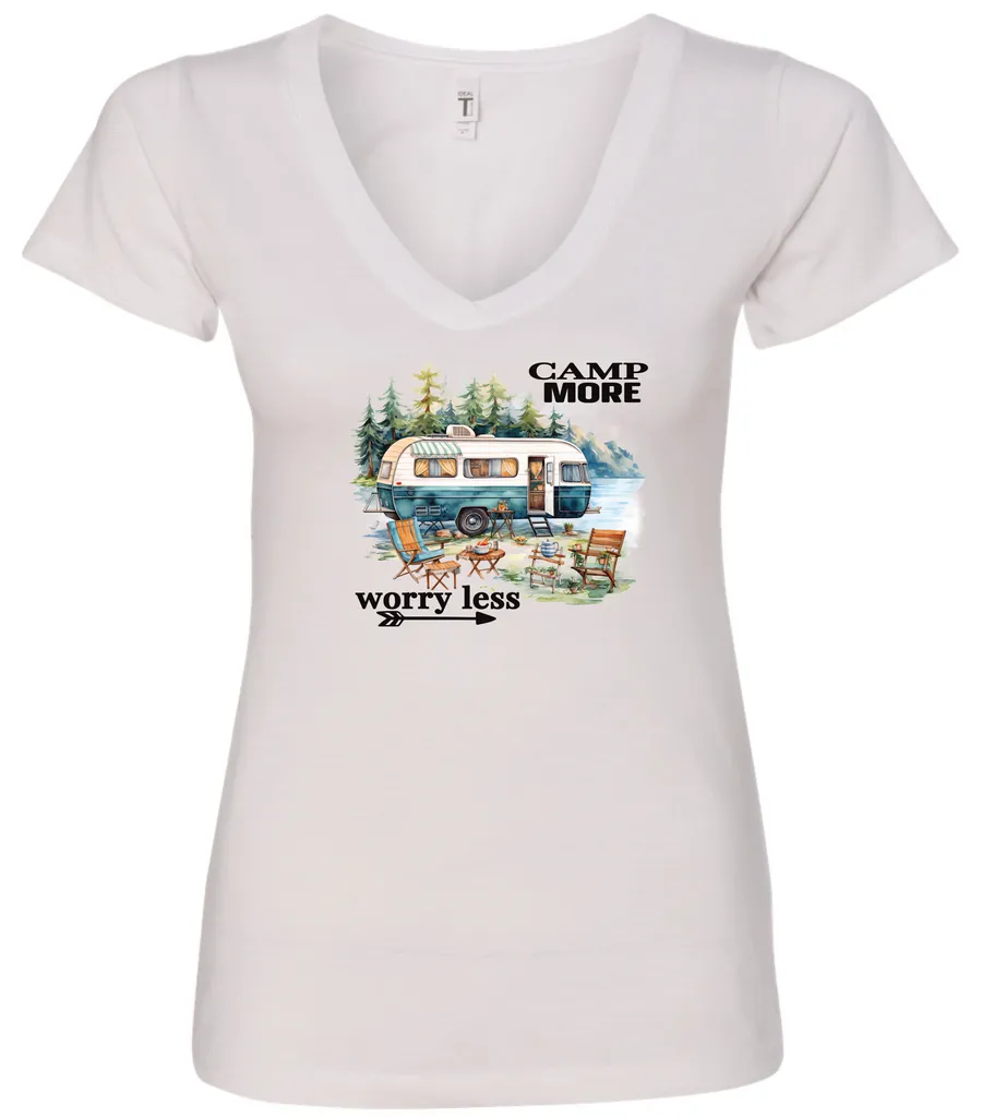 white camper v-neck t-shirt featuring a camper in the lake with the woods and the mountain as background with a quote saying camp more, worry less