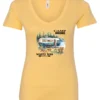yellow camper v-neck t-shirt featuring a camper in the lake with the woods and the mountain as background with a quote saying camp more, worry less