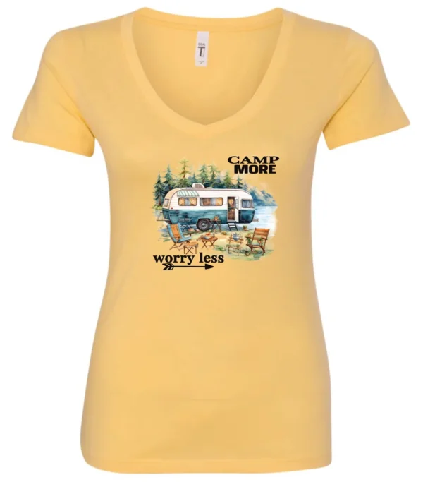 yellow camper v-neck t-shirt featuring a camper in the lake with the woods and the mountain as background with a quote saying camp more, worry less