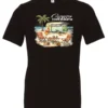 black funny camping t-shirt featuring a green camper in the beach with a red and yellow kayak outside with a quote saying camping is my therapy