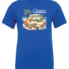blue funny camping t-shirt featuring a green camper in the beach with a red and yellow kayak outside with a quote saying camping is my therapy