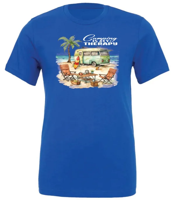 blue funny camping t-shirt featuring a green camper in the beach with a red and yellow kayak outside with a quote saying camping is my therapy