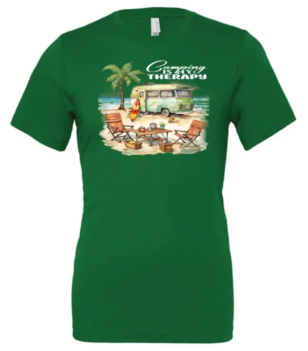 green funny camping t-shirt featuring a green camper in the beach with a red and yellow kayak outside with a quote saying camping is my therapy